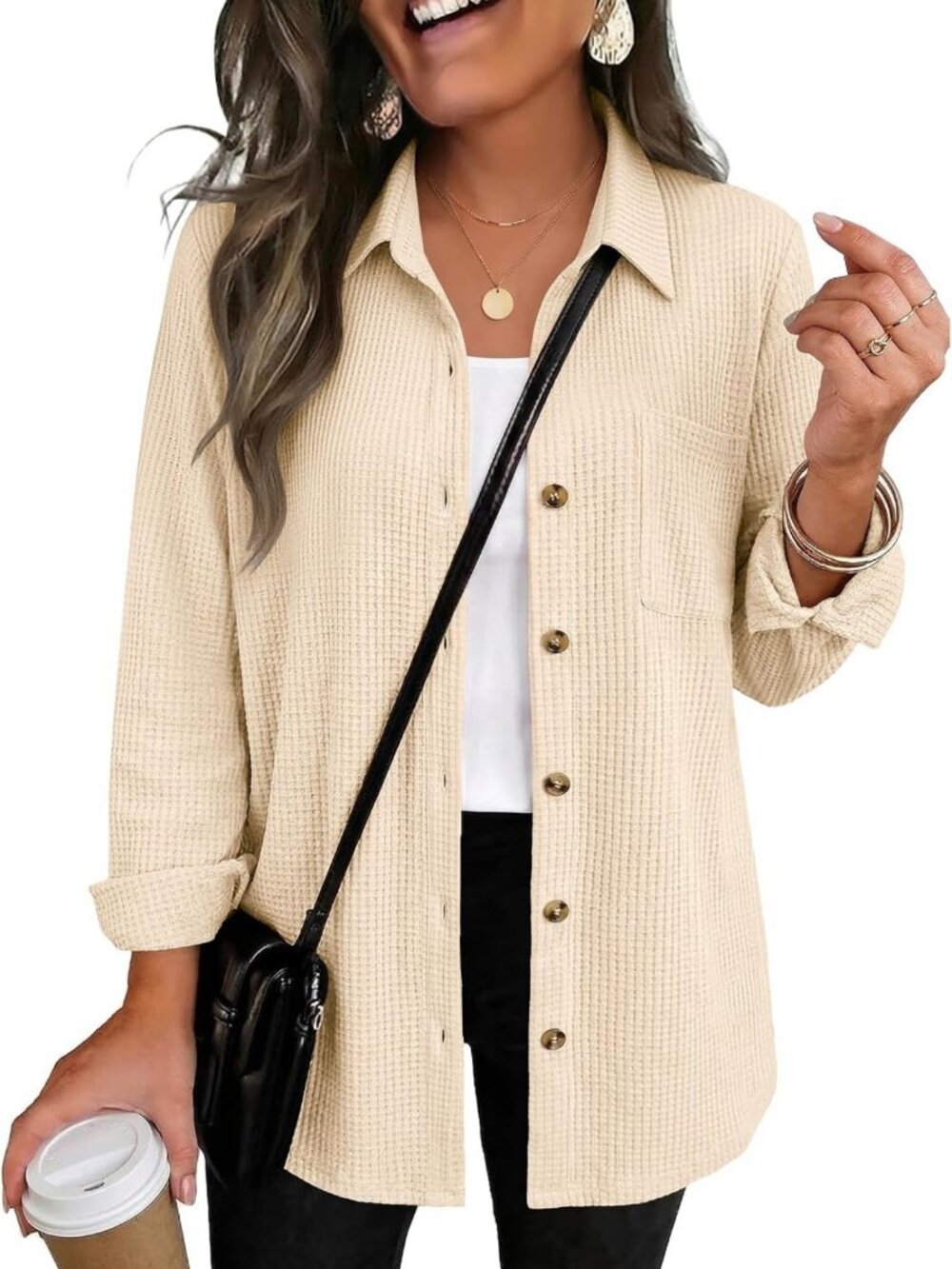 Cozy Waffle Knit Shacket for Women | Button Down Long Sleeve Top with Pocket